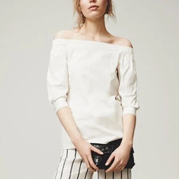 Theory Joscla Poplin Cotton Off The Shoulder White Top - Picture 1 of 7